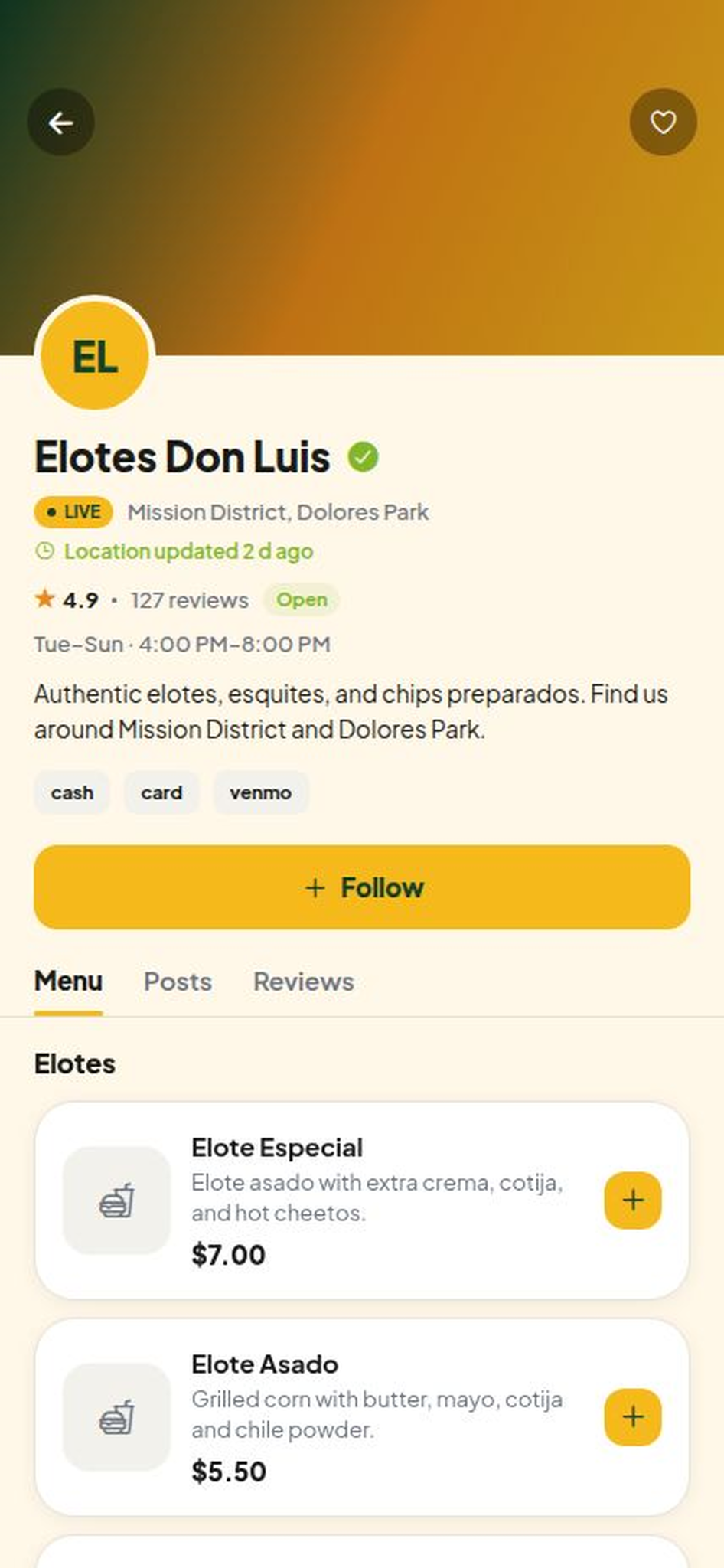 Elotero vendor menu.